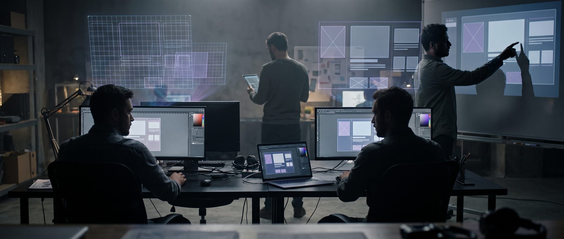 Wireframes floating over a design workstation